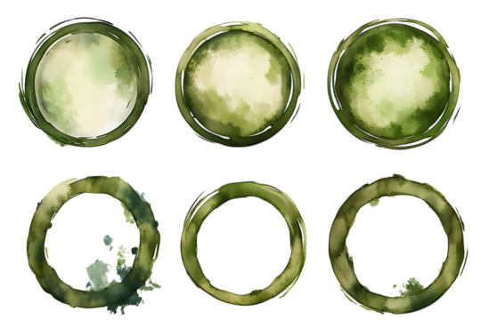 Set of olive green round circle rings with watercolor texture and soft edges, isolated on a transparent background in PNG format.