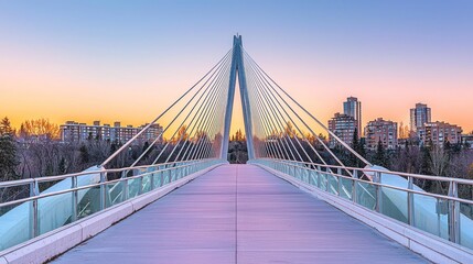 Naklejka premium Modern cable-stayed bridge at sunset over city skyline.