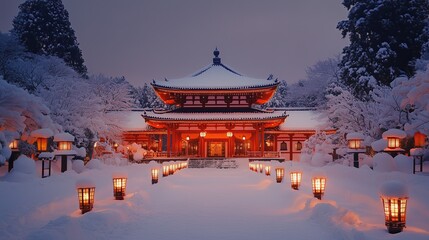 Obraz premium Snow Sculpture of a Traditional Japanese Temple Illuminated by Lanterns Japanese Cultural Snow Sculptures Illuminated Winter Temple Displays Traditional Architecture Snow Art