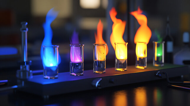 An animated video still showing a Bunsen burner being adjusted to produce different flame colors for various reactions.
