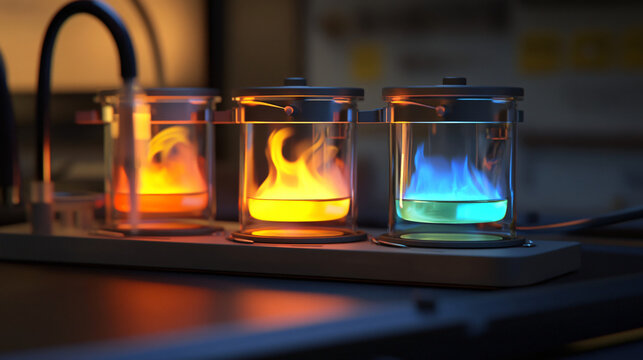 An animated video still showing a Bunsen burner being adjusted to produce different flame colors for various reactions.