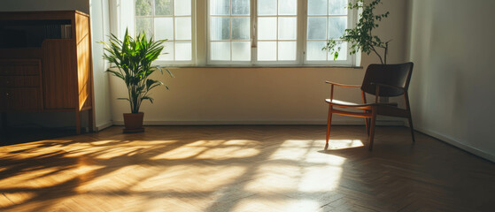 Fototapeta premium Minimalist Scandinavian interior with natural light and plant accents in a spacious room