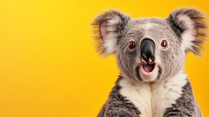 Naklejka premium Cute Koala with Surprised Expression against Vibrant Yellow Background, Adorable Animal Portrait, Bright Colorful Image