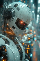 Futuristic robot portrait, glowing red eye.