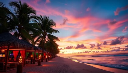 Obraz premium Tropical Beach Sunset Scene With Cabanas and Palm Trees