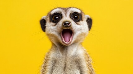 Surprised meerkat against yellow background, wildlife photography, adorable animal portrait, cute and funny meerkat expression