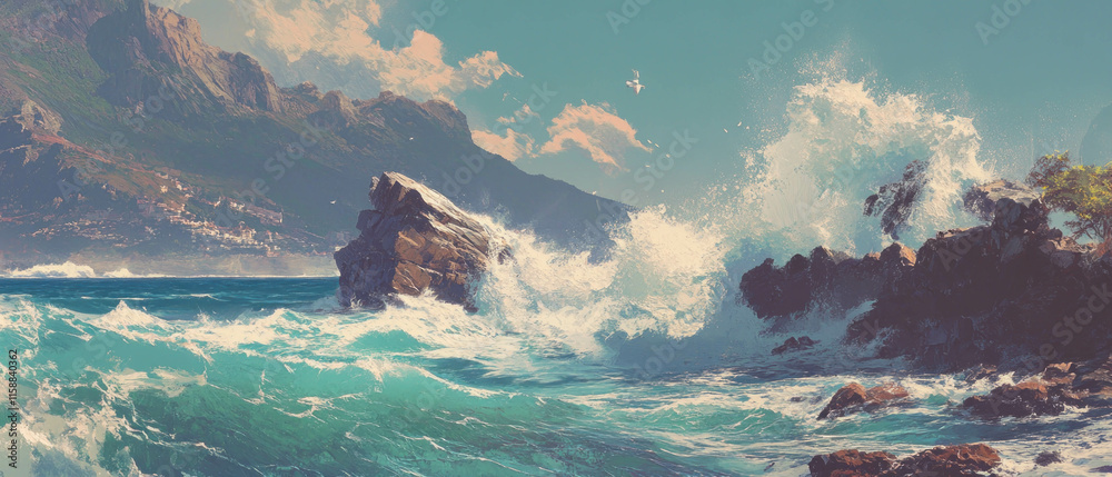 Poster crashing waves on a rocky coastline with mountains in the background during a sunny day