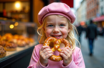Happy girl eating a pretzel near the bakery. A child girl in a pink beret holds pastries in her hands on the street. A child with a bun in his hands.