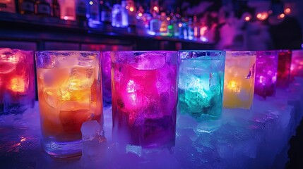 Vibrant Drinks Served in Ice Glasses at a Colorful Ice Bar Illuminated Ice Bar Experiences Creative Frozen Drink Displays Vibrant Cocktail Innovations