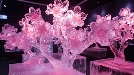 Glowing Ice Sculptures of Cherry Blossoms Under Soft Pink Lights Illuminated Ice Cherry Blossoms Frosted Floral Art Installations Winter Wonderland Light Displays