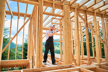 Carpenter constructing wooden frame, two-story house. Bearded man hammering nails with hammer,...