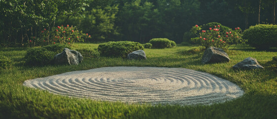 Naklejka premium Serene Zen garden with raked sand patterns and lush green surroundings
