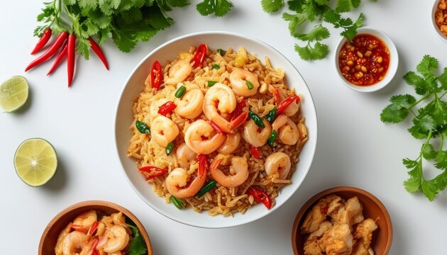 Delicious Shrimp Fried Rice with Fresh Herbs and Spicy Sauce on a Light Background