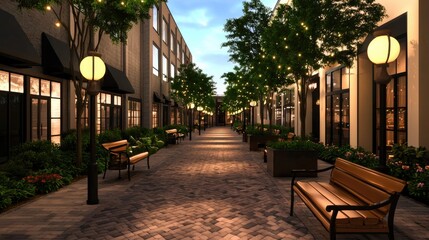 Obraz premium Shopping Mall Transformation concept. A serene, well-lit alleyway lined with trees and benches, showcasing a picturesque setting for relaxation and leisure.