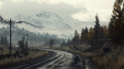 Misty mountain road winding through autumnal forest.