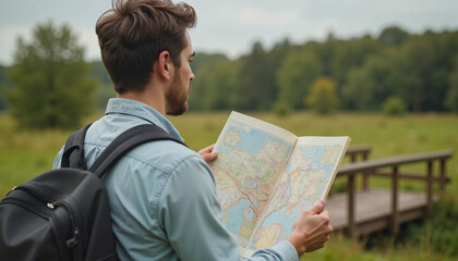 Tourist with a map in hand  Young man reading map near wooden bridge in nature