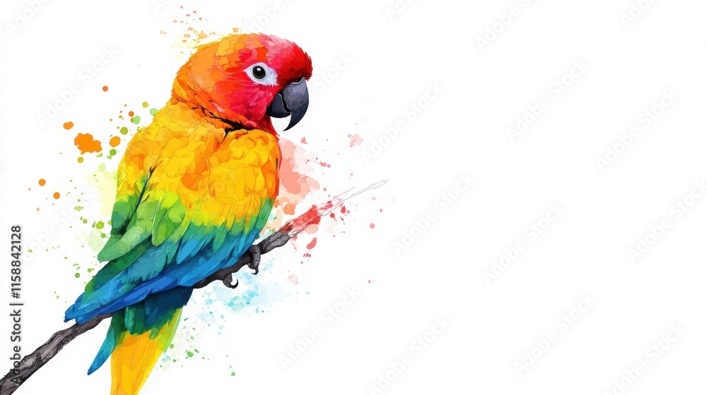 Fototapete bright parrot perched on a branch with vibrant colors and ample space for text and creative design. 