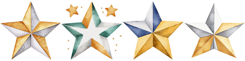 2024 Grammy Concept, A series of decorative stars in varying colors and designs, showcasing a mix of gold, silver, and blue tones.
