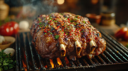 Rack of Lamb, Spice-Seasoned on Grill in Restaurant Kitchen for Dining