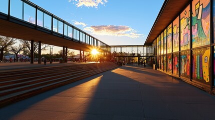 Obraz premium A vibrant sunset illuminates a modern building with colorful murals, showcasing an inviting outdoor space and a tranquil atmosphere.