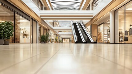 A modern shopping mall interior featuring escalators, bright lighting, and large storefronts, creating a spacious and inviting atmosphere.