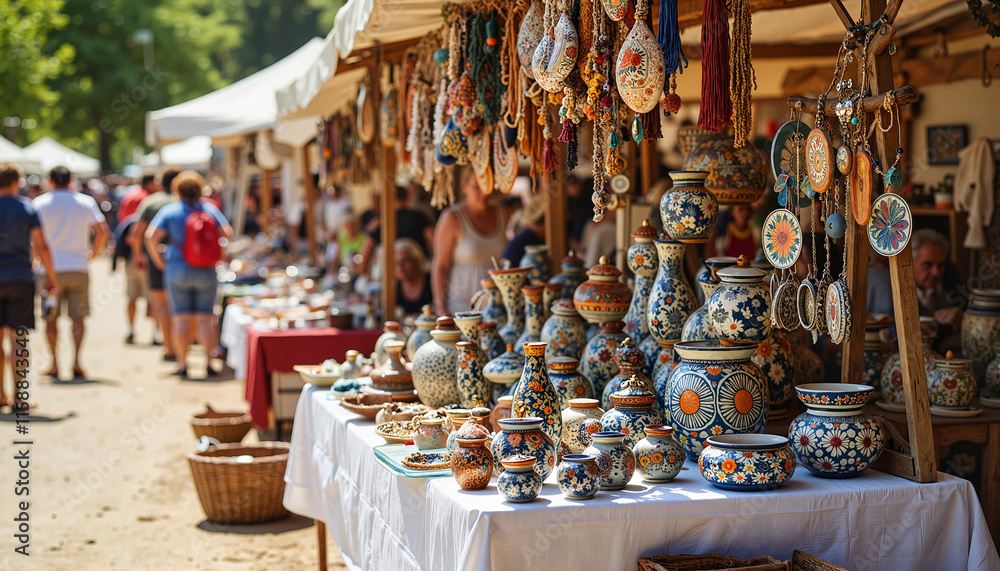 Wall mural Colorful market in old town Pottery market showcasing intricate ceramic designs