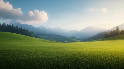 serene landscape featuring lush green fields and majestic mountains in background, evoking sense of tranquility and natural beauty.