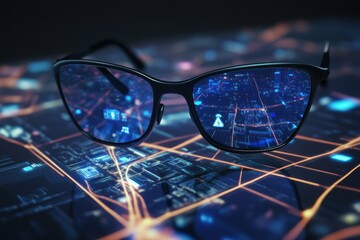 Innovative smart glasses display urban data in a futuristic environment at night