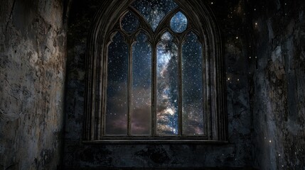 Gothic window, night sky, Milky Way, stars, ruin.