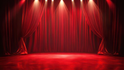 A red stage curtain illuminated by lights, ready for a performance.