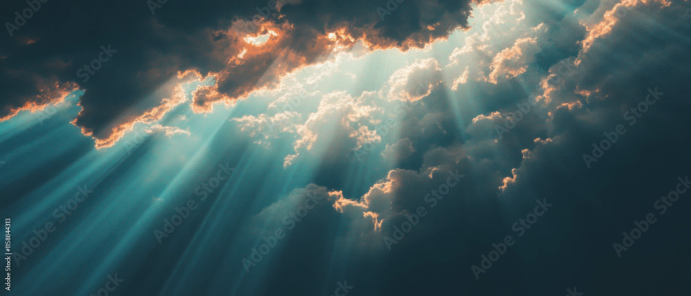 Poster vibrant sun rays break through clouds at a dramatic angle, creating an enchanting atmosphere