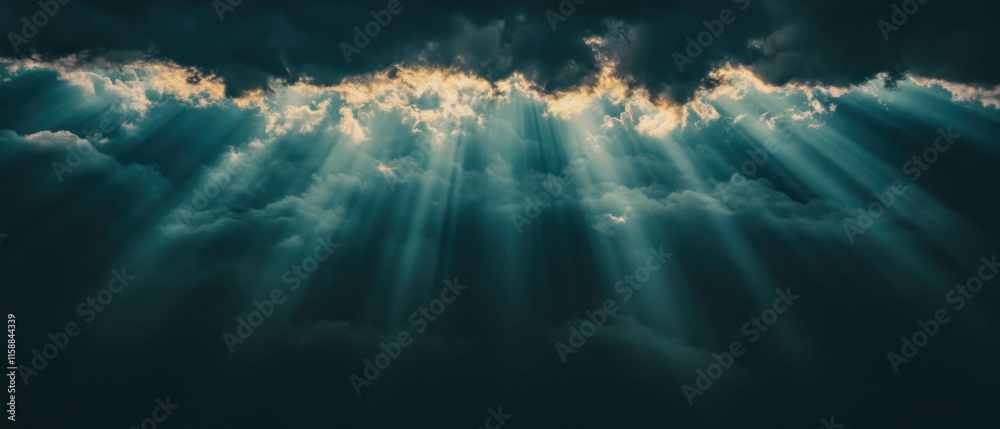 Poster sun rays breaking through clouds in a dramatic and ethereal atmosphere