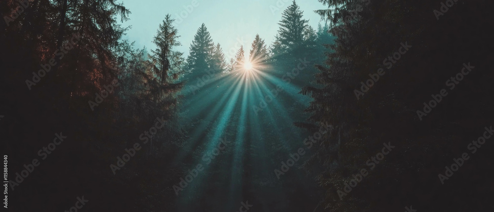 Poster Sun rays breaking through trees in a tranquil forest setting at dawn