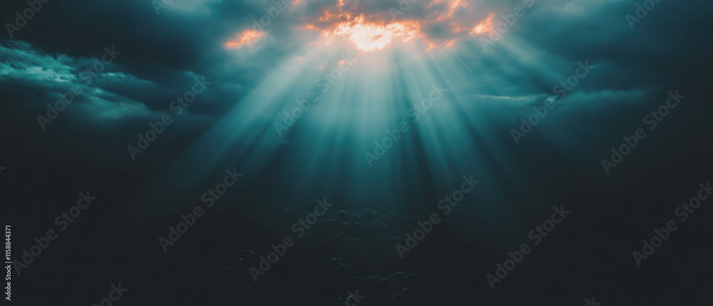 Poster Sun rays breaking through dark clouds creating a serene and tranquil atmosphere