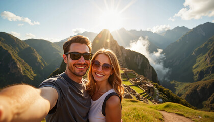 Smiling couple taking selfie at Machu Picchu