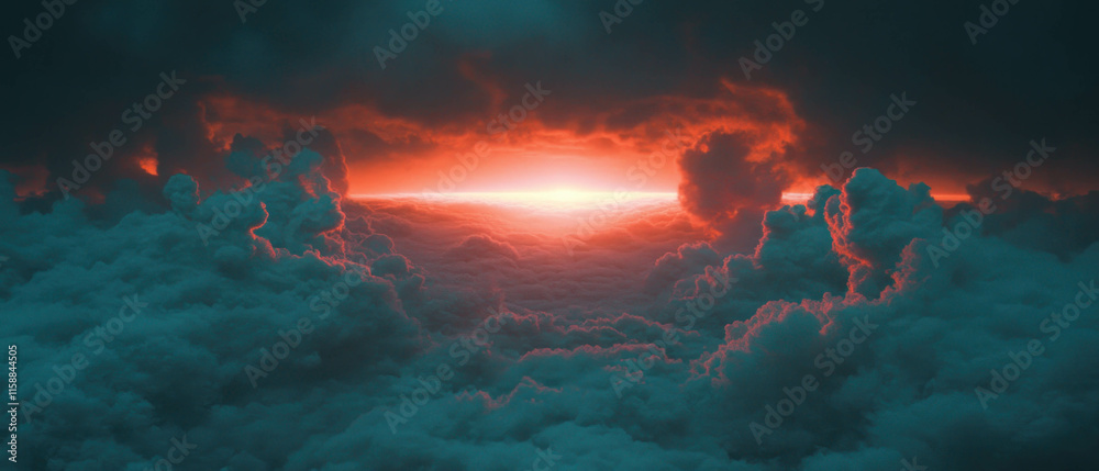 Poster background texture of vibrant sun rays breaking through colorful clouds at dusk