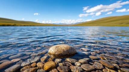 Calm Lake Clear Water Pebble Beach Mongolian Landscape Summer Sky