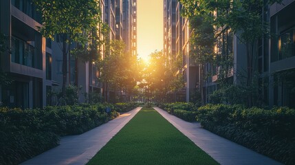 Obraz premium Sunset view of a pathway between apartment buildings with lush greenery.