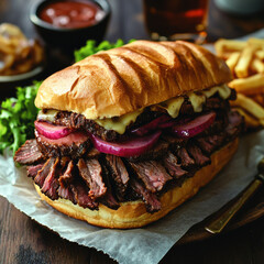 Large, Appetizing Roast Beef Sub Sandwich on Neutral Background for Culinary or Dining Stock Photography