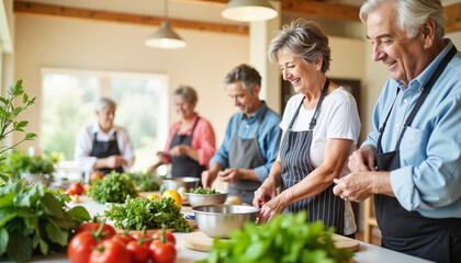 Seniors cooking together in a sunny kitchen