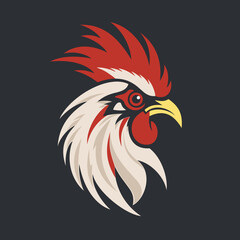 Simple logo of a cockerel with a red comb. Rooster head on blue background, icon. Vector illustration