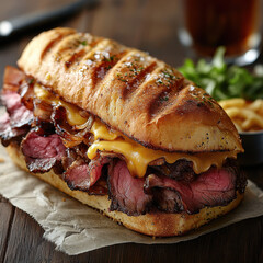 Large, Hearty Sandwich with Grilled Steak and Cheese on Parchment Paper, Artisanal Setting for Advertising Fast Food or Gourmet Burgers