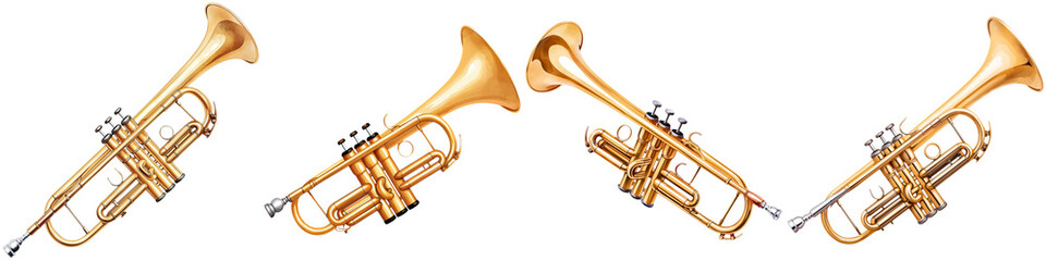 Obraz premium 2024 Grammy Concept, Four brass trumpets arranged in a sequence, showcasing their shiny finish and distinct bell shapes.