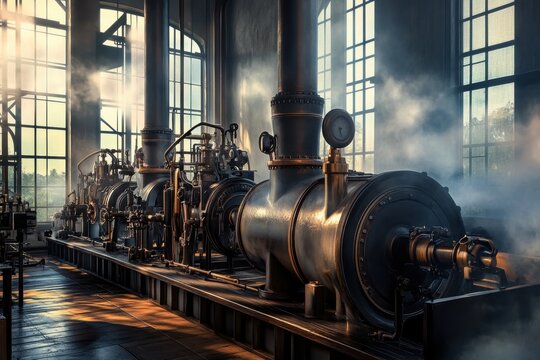Historic steam engines operating in an industrial setting with dramatic lighting and ambiance