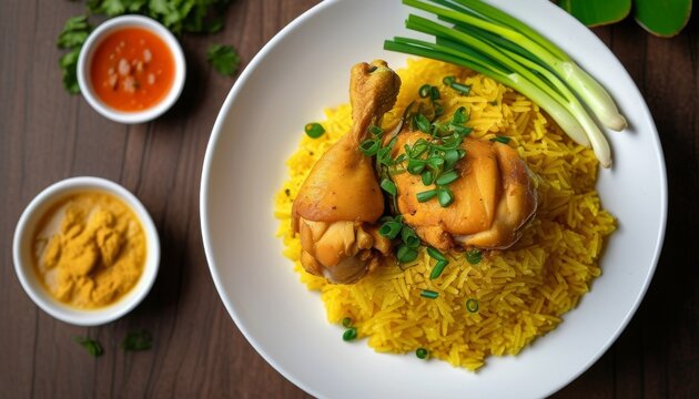 Vibrant Thai Chicken Rice Dish with Aromatic Herbs and Side Sauces
