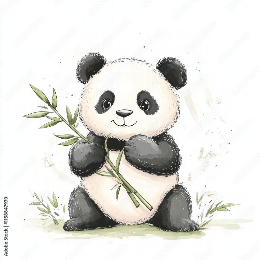 Poster cute panda sitting and holding a bamboo stem with ample space for text on a clean background. genera