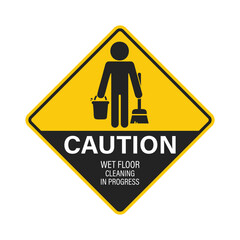 Isolated pictogram label sign, janitor holding mop and water bucket, symbolizing cleaning in progress, slippery floor, caution for safety