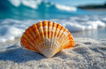 A seashell on a sandy beach.