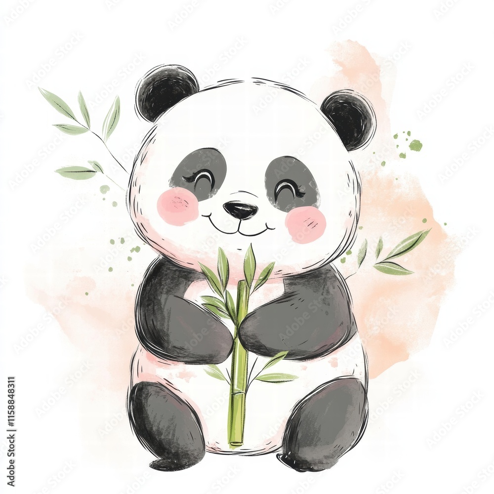 Aufkleber cute panda holding bamboo with soft colors and plenty of empty space for text or design needs. gener