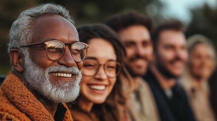 Fototapeta premium A diverse group of smiling individuals, including an older man and a woman, enjoying an outdoor gathering in natural light